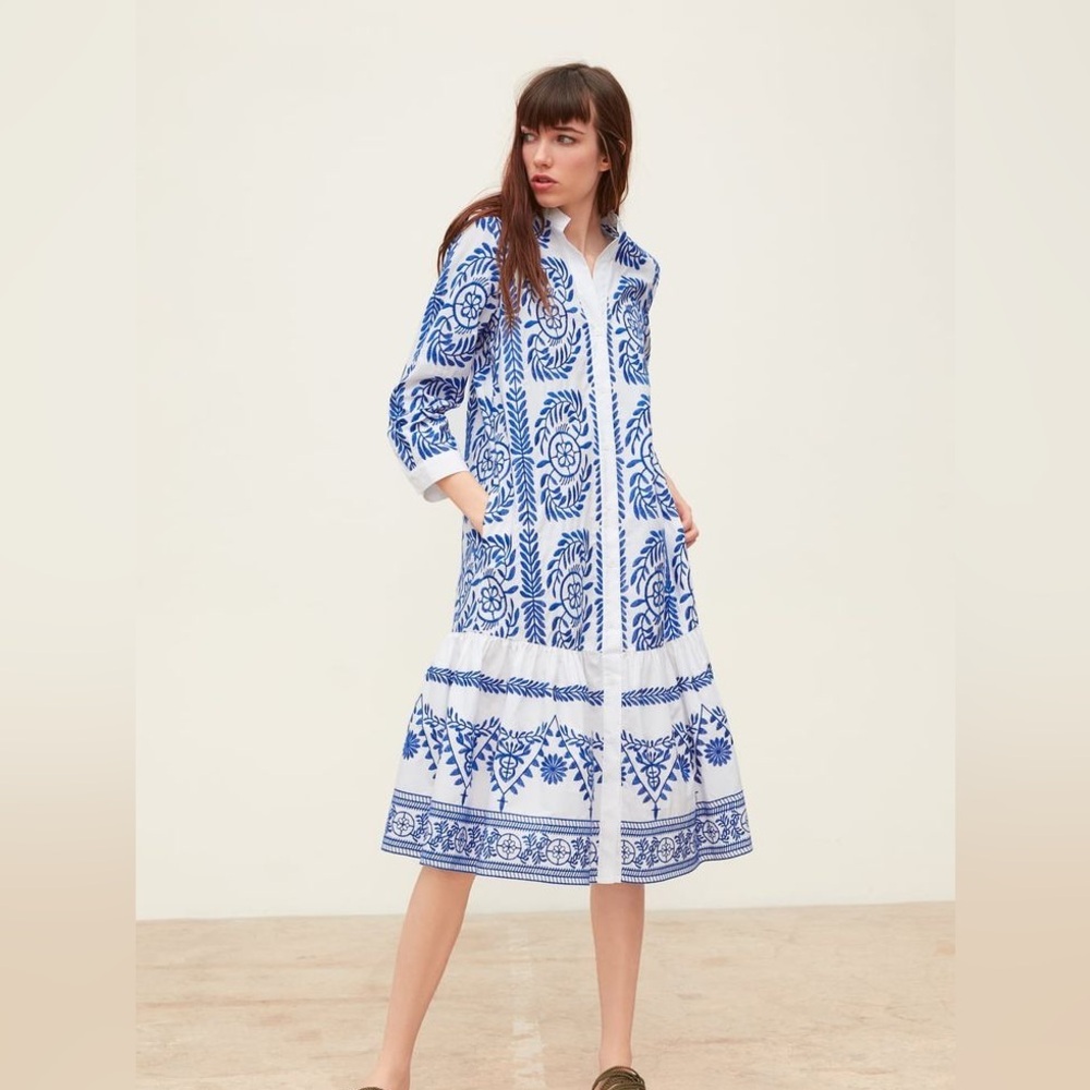 Zara Blue & White Embroidered Midi Dress